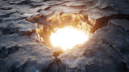 Poster - A glowing white hole bursts through the cracked surface of a rugged rock, with intense light radiating from the fracture.