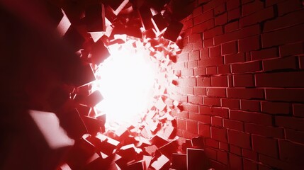 Aufkleber - A glowing white hole tears through a red ceramic brick wall, sending scattered glowing bricks in all directions.