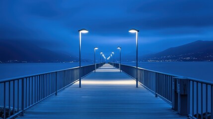 Aufkleber - A minimalist shot focusing on sleek lighting along a bridge, with clean lines and a simple backdrop, capturing the elegant design.
