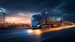 © Wannaeka - Futuristic Semi-Truck Driving on Illuminated Highway at Night with Geometric Design, City Skyline in Background