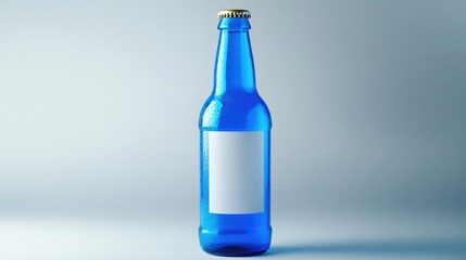 Poster - A refreshing blue beer bottle with a plain white label, isolated against a clean grey backdrop, perfect for product showcase or mockup design.
