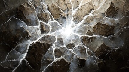 Poster - A rough, jagged rock face fractures under the force of a luminous white hole, emitting blinding light through the cracks.