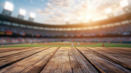 Aufkleber - A sharp focus on a wooden table with the blurred outline of a bustling baseball stadium in the background, creating an energetic scene.