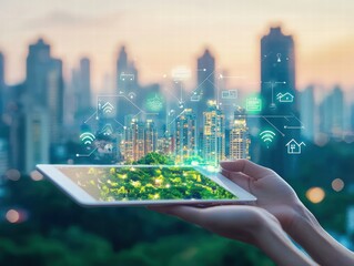Poster - Modern Technology in Hands with Digital Eco City Concept Visual