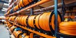 © Wannaeka - Neatly arranged orange electrical cables on wooden warehouse shelves, with spools of various sizes and colors, in blurred background.