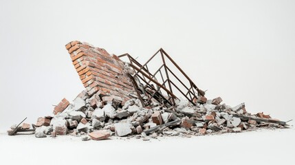 Poster - A side view of broken bricks, steel bars, and rubble scattered from a wrecked building, set against a clean white background for a stark contrast.