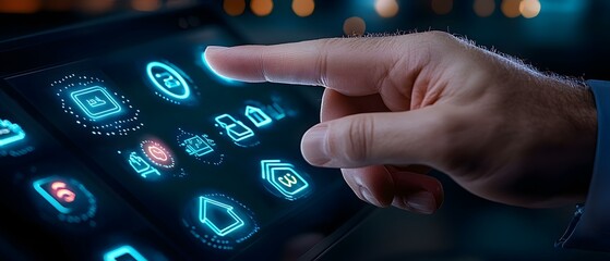 Poster - Smart Home Engagement, a businessman interacts with a digital assistant, showcasing modern technology in a sleek, contemporary office environment.