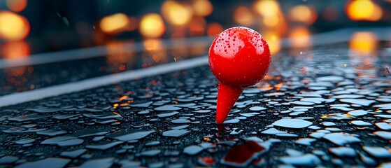 Poster - Red Map Pin Highlighting a Modern Road, A close-up view of a vibrant red map pin positioned on a sleek urban roadway, emphasizing navigation and connectivity.