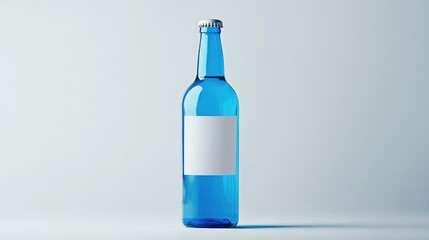 Poster - A striking image of a blue beer bottle with a blank white label, placed against a clean, simple grey background for professional branding.