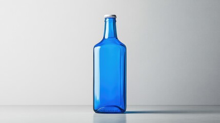 Poster - A striking image of a blue beer bottle with a blank white label, placed against a clean, simple grey background for professional branding.