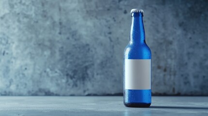Poster - A striking image of a blue beer bottle with a blank white label, placed against a clean, simple grey background for professional branding.