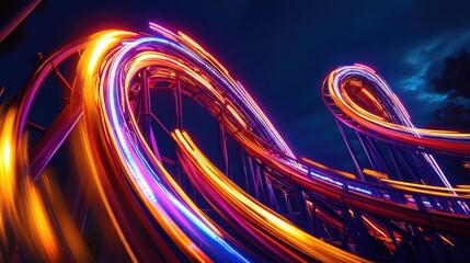 Poster - A striking long exposure of rollercoaster light trails, weaving dramatic curves and loops, against a dark, electrifying background.