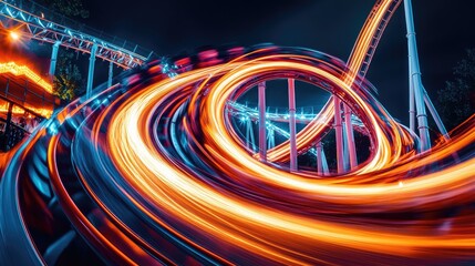 Poster - A striking long exposure of rollercoaster light trails, weaving dramatic curves and loops, against a dark, electrifying background.
