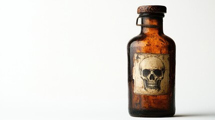 Poster - A vintage poison bottle in dark amber glass with an old skull label, placed against a stark white background, adding to its eerie, historical charm