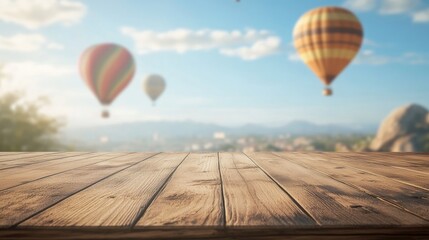 Poster - A warm wooden table with intricate grain details, framed by blurred hot air balloons in a serene blue sky, capturing the peaceful ambiance.
