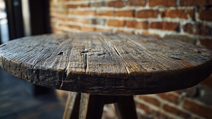 Poster - A weathered wooden table's textures captured in detail, with a blurred brick background creating a cozy, rustic atmosphere.