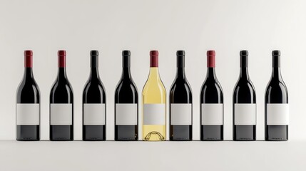 Poster - An assortment of red and white wine bottles, each with blank labels, positioned on a white background, ideal for custom label design.