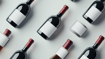 Poster - An assortment of red and white wine bottles with empty labels, neatly arranged on a white surface, offering an ideal setting for personalized designs.
