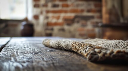 Aufkleber - An old wooden table surface in focus, with a blurred rustic brick wall in the background, adding warmth and vintage charm to the scene.
