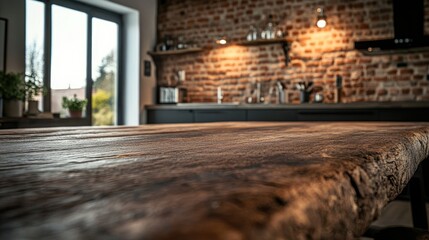 Aufkleber - An old wooden table surface in focus, with a blurred rustic brick wall in the background, adding warmth and vintage charm to the scene.
