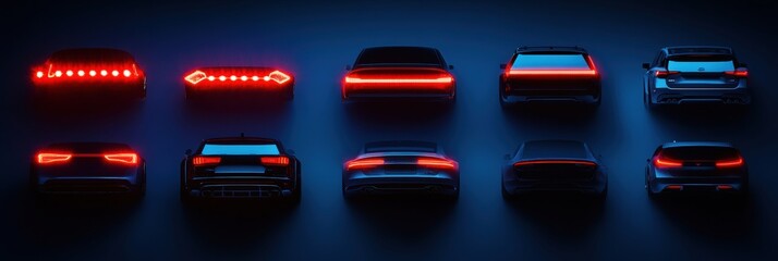 Aufkleber - Variety of LED car headlights and tail lights are arranged creatively against a dark background, highlighting contemporary vehicle lighting features. Generative AI