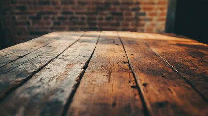 Aufkleber - An old wooden table surface in focus, with a blurred rustic brick wall in the background, adding warmth and vintage charm to the scene.