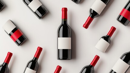 Poster - Artfully arranged red and white wine bottles with empty labels, set against a white backdrop, offering a sophisticated look perfect for product design.