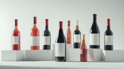 Poster - Artfully arranged red and white wine bottles with empty labels, set against a white backdrop, offering a sophisticated look perfect for product design.