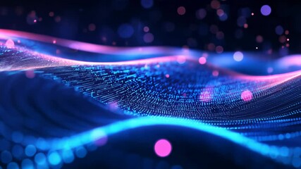Poster - Abstract neon lights with flowing wave pattern, futuristic digital landscape. Technology and innovation concept