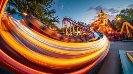 Poster - Artistic capture of rollercoaster light trails in full motion, illuminated against a vibrant park setting, creating a dynamic and colorful scene.