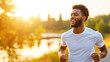 © Gpeg26 - A man jogging outdoors in a sunny, natural environment, smiling with a joyful expression.