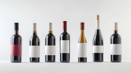 Poster - Assorted red and white wine bottles with blank labels, artfully arranged on a white background, ready for text or design customization.