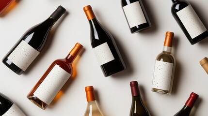 Poster - Assorted red and white wine bottles with blank labels, artfully arranged on a white background, ready for text or design customization.
