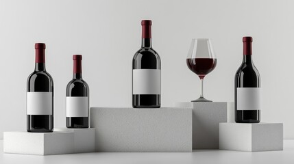 Poster - Assorted red and white wine bottles with blank labels on a pristine white backdrop, perfect for showcasing product design and customization options.