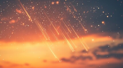 Poster - Bright golden falling stars streak across a glowing orange sky, with soft bokeh lights adding a magical sparkle to the serene scene.