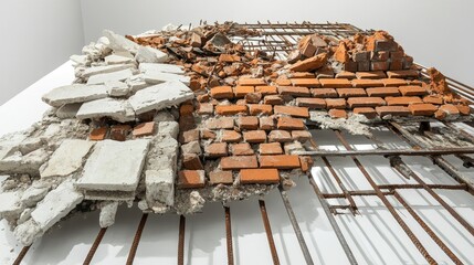 Poster - Broken bricks and steel bars from a collapsed building are arranged on a white surface, showcasing the wreckage in sharp detail.