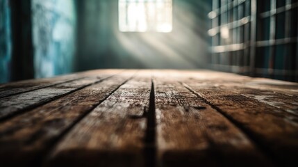 Aufkleber - Close-up of a weathered wooden table, with a blurred view of a cold, empty jail cell and faint light rays casting a somber atmosphere.