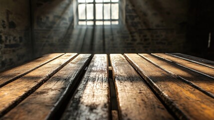 Aufkleber - Close-up of a weathered wooden table, with a blurred view of a cold, empty jail cell and faint light rays casting a somber atmosphere.