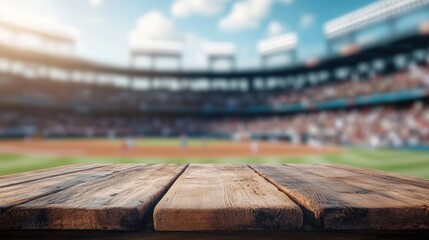Aufkleber - Close-up of a wooden table in sharp focus, with a bustling, blurred baseball stadium as the backdrop, evoking the spirit of excitement.
