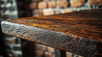Poster - Close-up of an old wooden table with rich texture, set against a blurred rustic brick wall, creating a cozy and nostalgic ambiance.