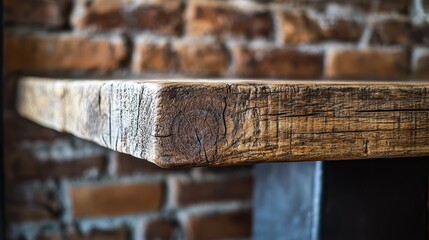 Poster - Close-up of an old wooden table with rich texture, set against a blurred rustic brick wall, creating a cozy and nostalgic ambiance.