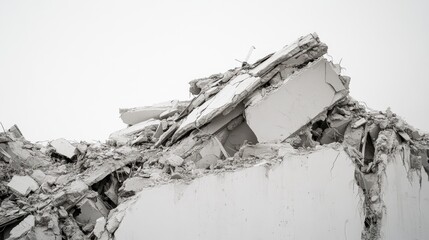 Poster - Close-up of crumbled building debris with distinct layers of destruction, shot on a clean white background to emphasize the ruin.