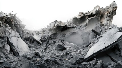 Poster - Close-up of crumbled building debris with distinct layers of destruction, shot on a clean white background to emphasize the ruin.