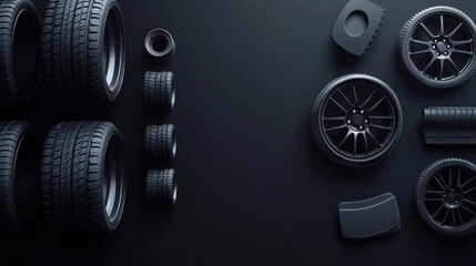 Aufkleber - Car tires, rims, and brake pads are neatly arranged on a dark background, creating a clear layout for advertising or informational text. Generative AI