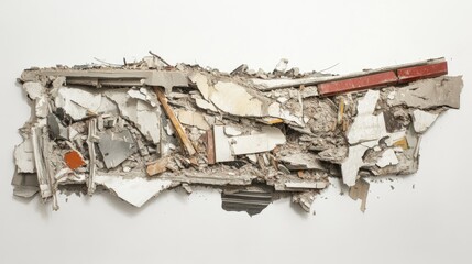 Poster - Destruction captured in a collapsed building, with distinct, layered debris against a plain white background, conveying the aftermath.