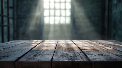 Poster - Detailed shot of a wooden table, with a soft blur of an empty, cold jail cell in the background, illuminated by faint, distant light rays.