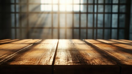 Poster - Detailed shot of a wooden table, with a soft blur of an empty, cold jail cell in the background, illuminated by faint, distant light rays.