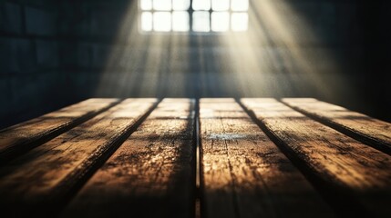 Poster - Detailed shot of a wooden table, with a soft blur of an empty, cold jail cell in the background, illuminated by faint, distant light rays.