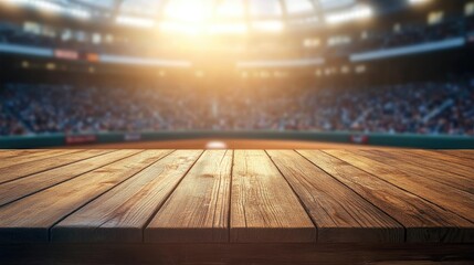 Poster - Detailed view of a wooden table surface, with a blurred baseball stadium and crowd in the background, bringing energy and warmth to the scene.