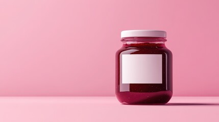 Poster - Elegant mockup of a glass jar filled with raspberry jam, featuring a blank white label, set in the center of a striking pink background.